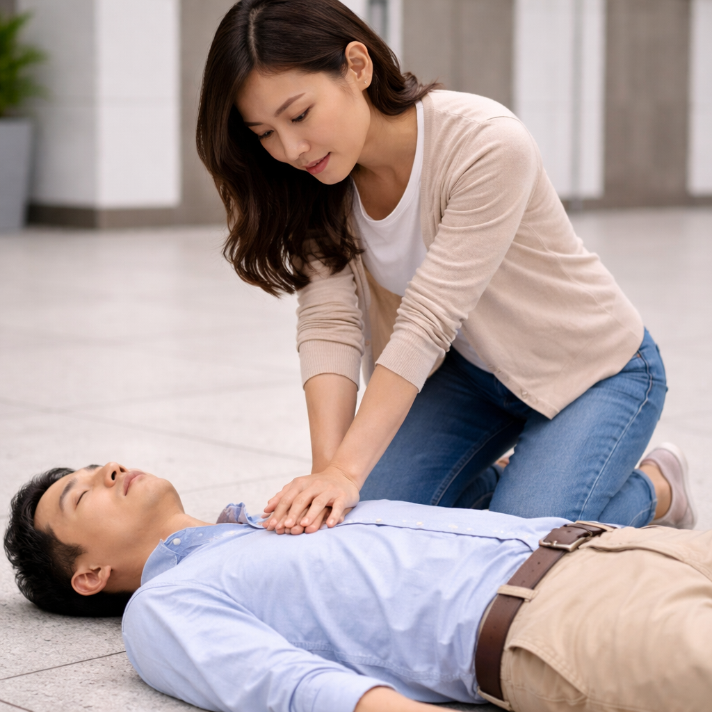 성인 심정지 상황에서 가슴 중앙을 수직으로 압박하는 심폐소생술 장면