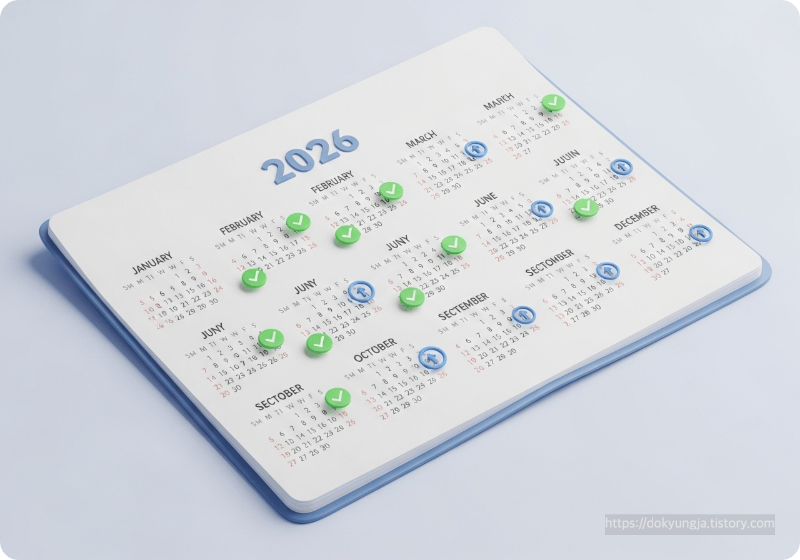 2026년 달력에 체크 표시와 업데이트 심볼이 있는 정책 변경사항을 나타내는 3D 일러스트