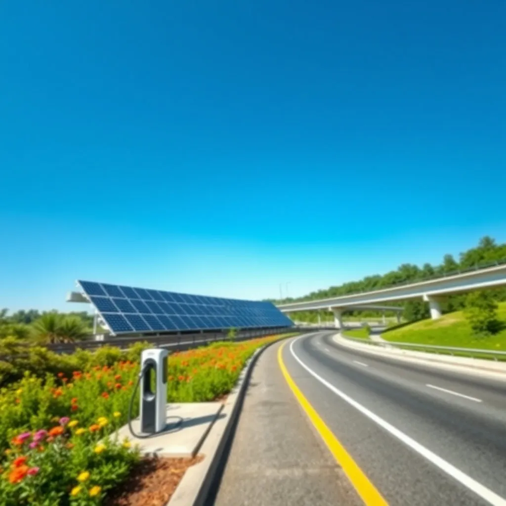푸른 하늘 아래 태양광 패널이 설치된 고속도로 방음벽, 혹은 전기차 충전소가 있는 휴게소 풍경을 포함하여 친환경적이고 지속 가능한 미래의 고속도로를 연상시킵니다.