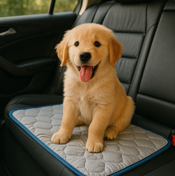 여름철 쿨링매트위에 앉아있는 애완견 사진