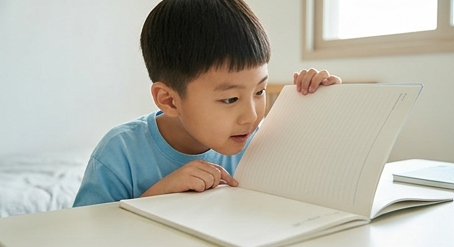 노트를 신기하게 들여다보는 아들 모습