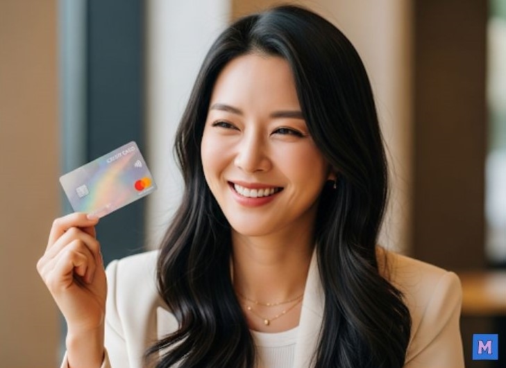 소상공인 부담경감 크레딧 사용처 확대로 더 많은 혜택을 받게 된 소상공인이 신용카드를 들고 웃는 모습 via canva