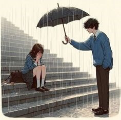 계단에서-비맞는-여학생에게-우산을-건네는-남자
