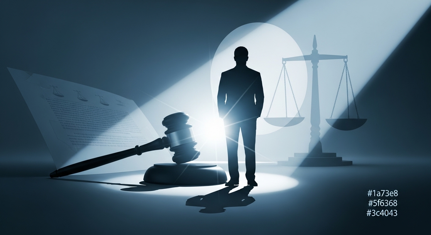 법적 서류와 돋보기가 놓인 책상 위, 유명 연예인의 실루엣이 스포트라이트를 받는 모습. 연예계 1인 기획사 미등록 논란을 상징하는 이미지.