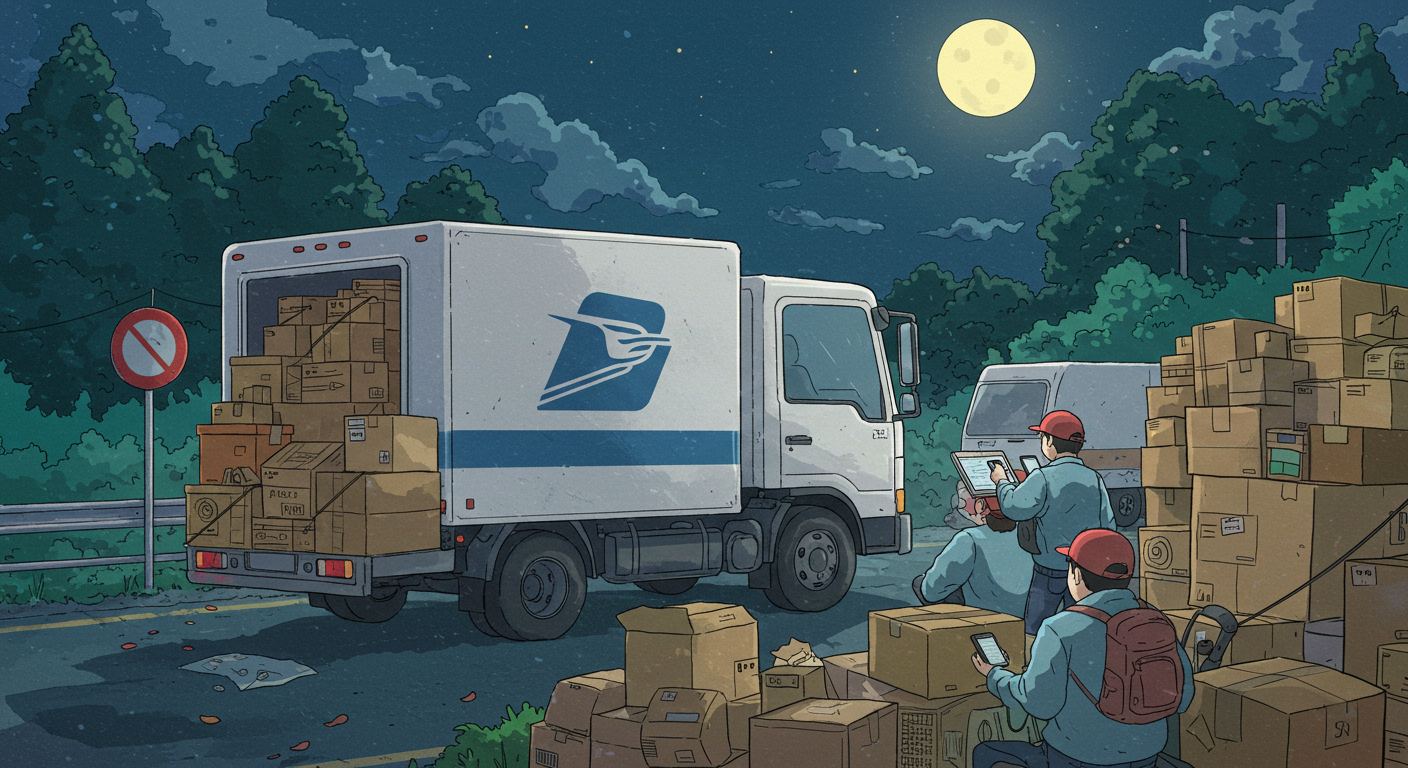 추석 택배 차량과 끊긴 단말기를 보는 기사들