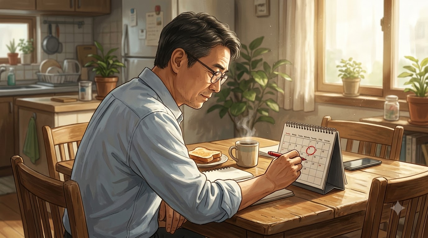 월요일 아침 식탁에서 커피잔 옆 탁상 달력의 목요일 칸에 빨간 동그라미를 치는 50대 직장인