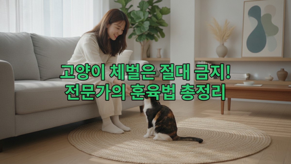 젊은 한국 여성이 클릭커와 간식으로 고양이를 긍정 강화 훈련하며 행복하게 상호작용하는 모습