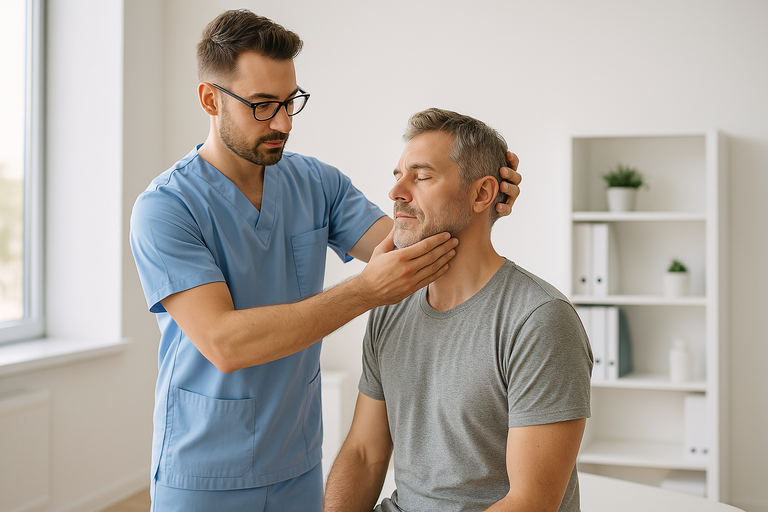 목 스트레칭을 하는 사람