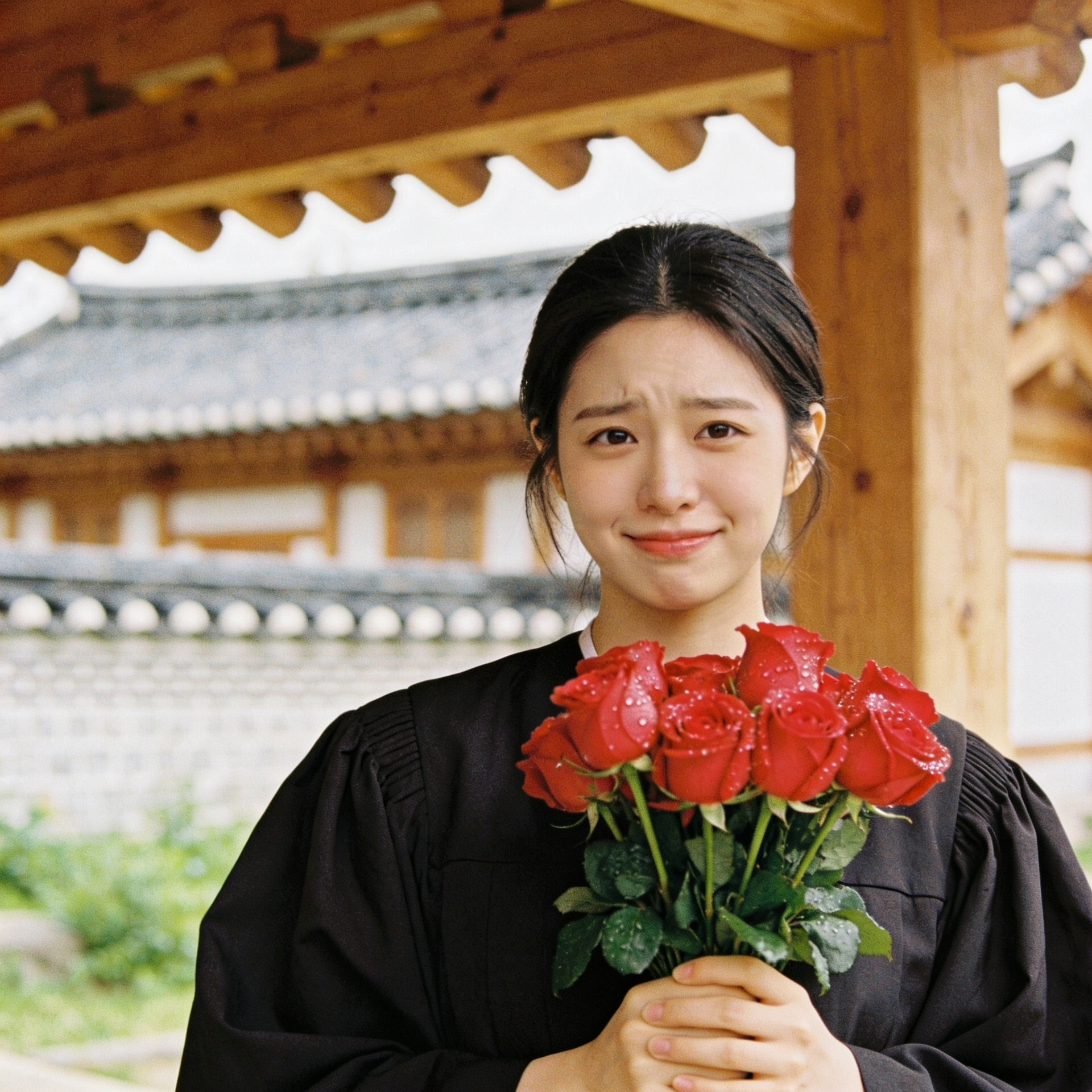 만 19세 성년이 된 한국 젊은 여성이 장미꽃다발을 들고 한옥 앞에 서 있으며, 약간 혼란스럽지만 희망찬 표정을 짓고 있다. 옆에서 어머니가 작은 열쇠를 건네주고 있다. 성년과 대운 변화의 상징적 장면.