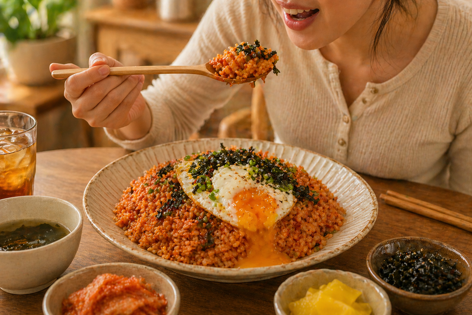 반숙 계란후라이를 올린 참치김치볶음밥을 식탁에서 맛있게 먹는 모습