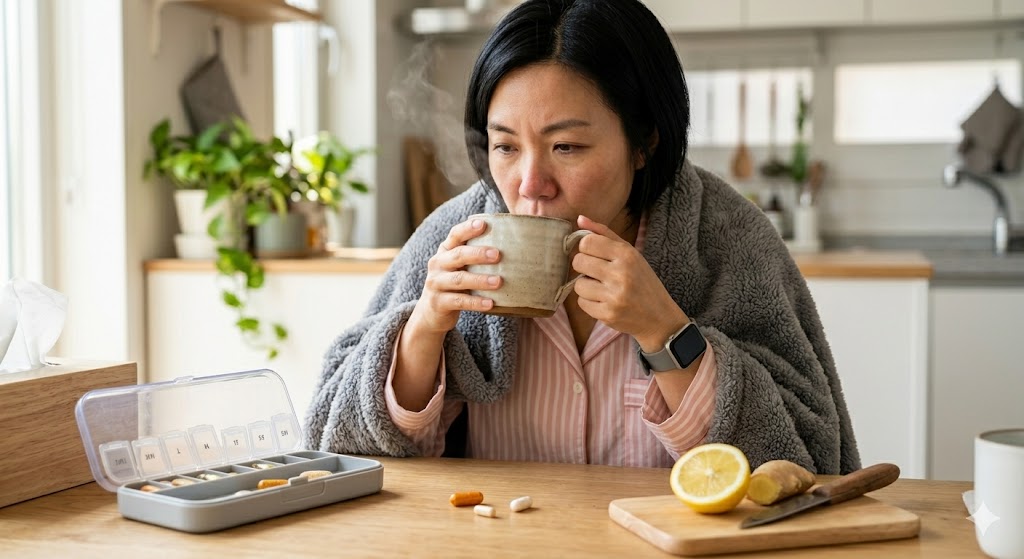 감기 기운이 있을 때 따뜻한 레몬차와 비타민 C 영양제를 챙겨 마시며 휴식을 취하고 있는 모습