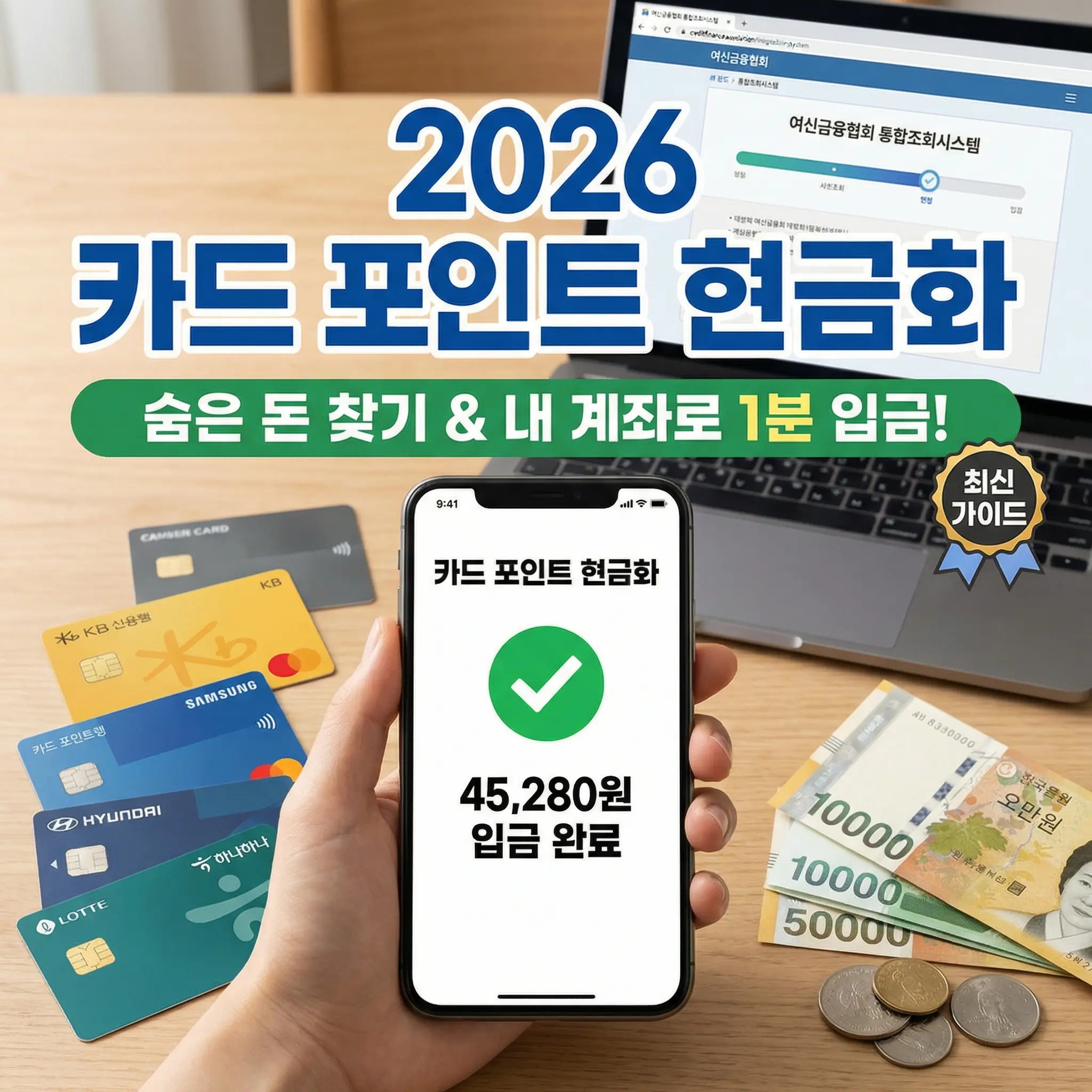 2026년 카드포인트 현금화 및 계좌 입금 가이드 썸네일 이미지. 한 사람이 스마트폰을 들고 있으며 화면에는 '카드 포인트 현금화, 45,280원 입금 완료'라는 문구와 함께 초록색 체크 아이콘이 표시되어 있음. 스마트폰 주변에는 국민, 삼성, 현대, 하나, 롯데카드 등 다양한 신용카드가 놓여 있고, 오른쪽 하단에는 5만원권과 1만원권 지폐, 동전이 배치되어 포인트가 실제 현금으로 전환됨을 시각적으로 강조함. 배경의 노트북 화면에는 '여신금융협회 카드포인트 통합조회 시스템' 웹사이트가 띄워져 있는 고화질 디자인 이미지.
