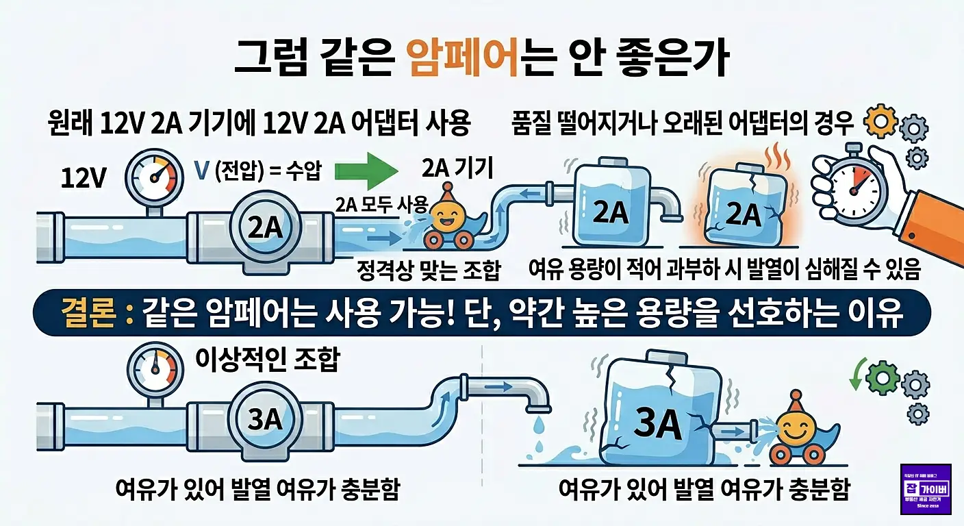 4 같은 암페어는 정격상 맞는 조합이지만, 여유가 적어 발열이 심해질 수 있다는 점 시각화.