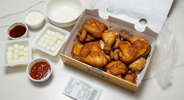 닭이 들어 있는 종이 상자에 오븐에 잘 구워진 닭이 가지런히 놓여 있고, 주변에는 무와 양념장, 배달 영수증도 함께 있음.