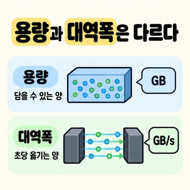 용량은 데이터를 담을 수 있는 양으로 GB를 표시하고 대역폭은 초당 옮기는 양으로 GB/s를 표시한 비교 도식