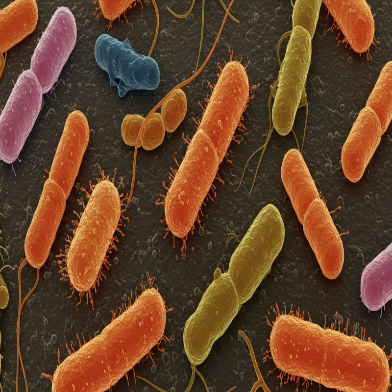 현미경으로 관찰한 다양한 색상의 세균 이미지입니다. 주황색, 초록색, 보라색, 파란색 등으로 염색된 세균들이 표면 위에 퍼져 있으며, 세포막과 세균의 털 구조가 뚜렷하게 보입니다. 미생물학 연구, 위생 관리, 질병 원인 설명 등에 활용될 수 있는 시각 자료
