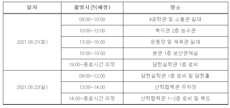 한국시술교육대학교 경찰수업 촬영일자와 시간 장소