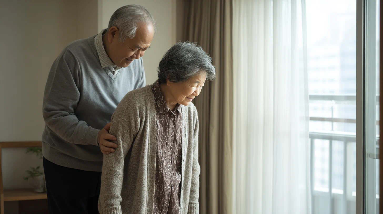 노인 환자가 보호자 도움받아 옷 입는 장면, 일상생활 도움