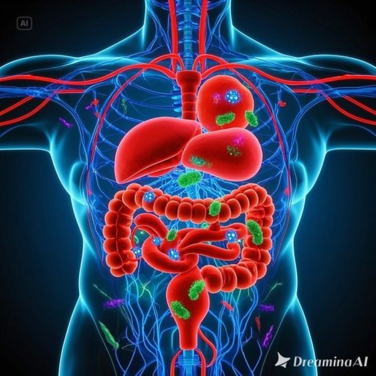 인체 내부를 투시한 듯한 의학적 일러스트로, 장에서 뇌까지 연결된 신경 네트워크와 함께 다채로운 색깔의 미생물들이 장벽을 따라 활발히 활동하는 모습. 장과 뇌 사이에 양방향 화살표로 소통을 표현하고, 건강한 미생물생태계의 조화로운 균형을 시각적으로 보여주는 이미지.