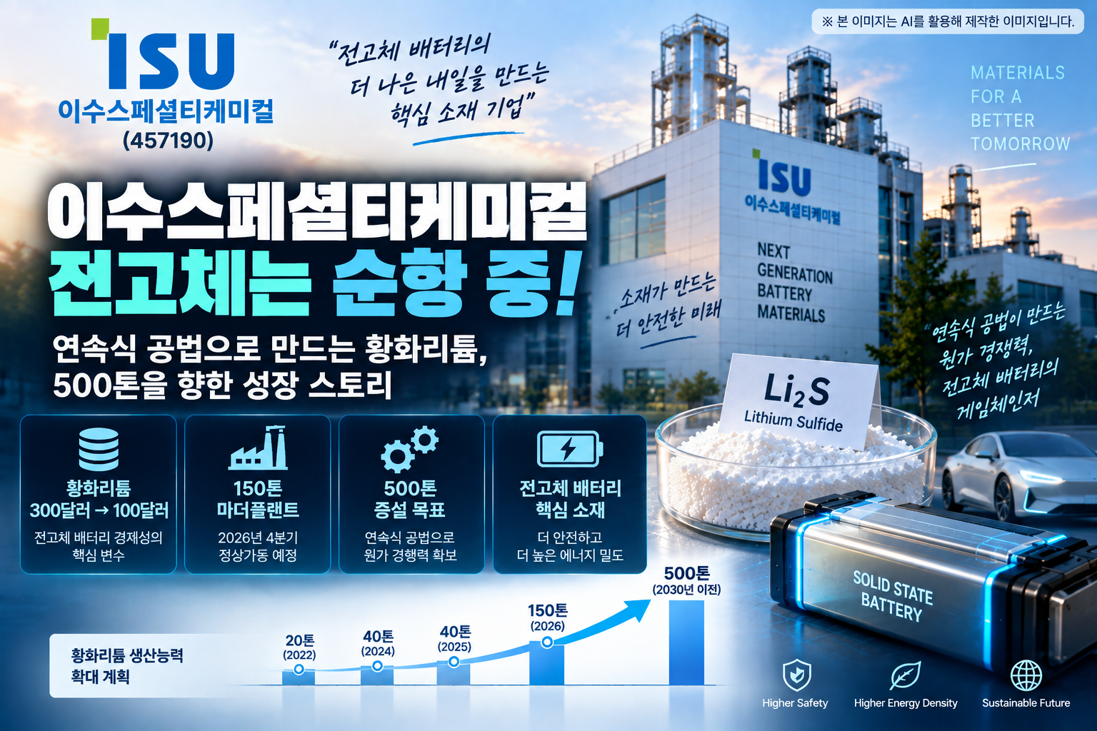 이수스페셜티케미컬 전고체 배터리 핵심소재 황화리튬과 150톤 마더플랜트, 500톤 증설 계획을 다룬 기업분석