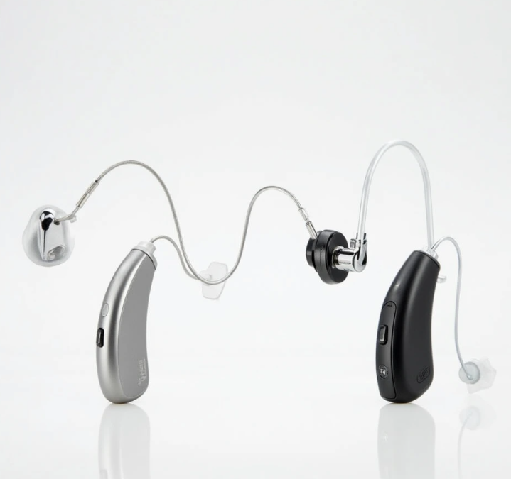 최신 디지털 보청기와 인공와우 장치가 나란히 놓여있는 모습. 현대적이고 세련된 디자인의 청각 보조 기기들을 보여주는 이미지