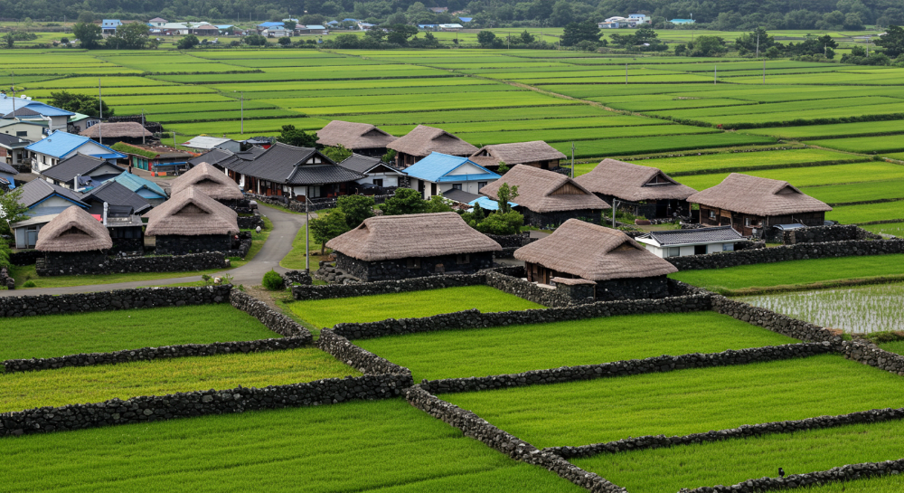 옛 제주 전통 가옥과 밭담이 보존된 송당리 마을 풍경