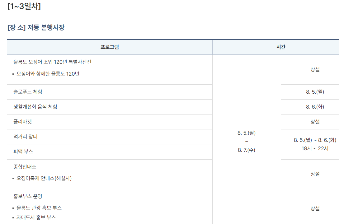 22회 울릉도 오징어 축제 일정표