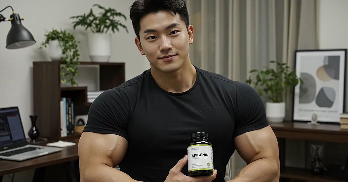 보디빌더가 방 안 책상 앞에서 아피제닌 보충제를 들고 미소 짓는 사진