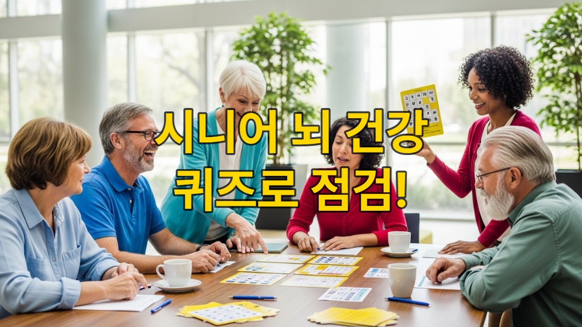 밝고 활기찬 커뮤니티 센터에서 퀴즈를 풀며 즐겁게 교류하는 다양한 시니어 그룹의 모습.