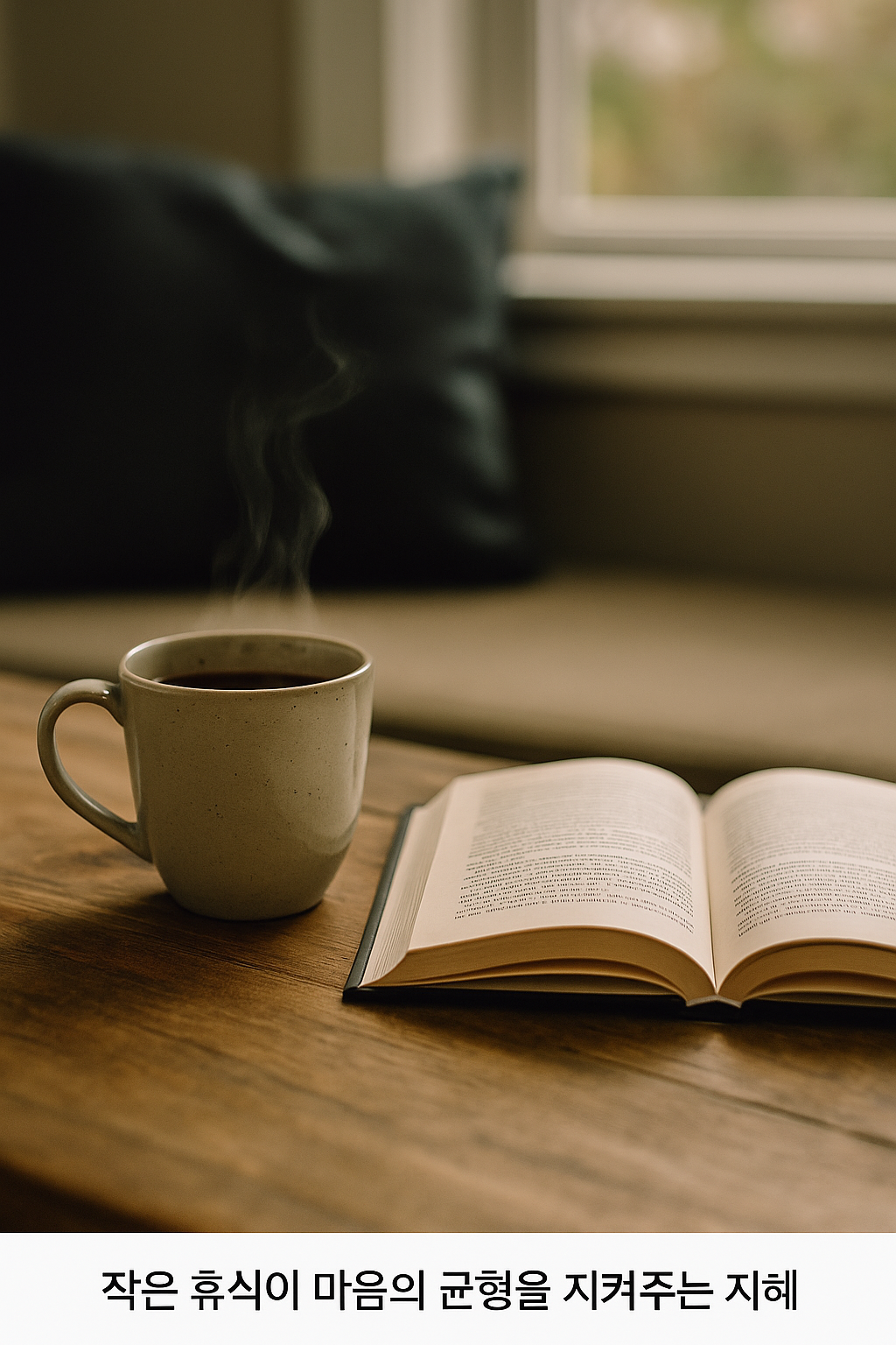 따뜻한 커피와 책이 놓인 아늑한 테이블