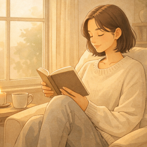 조용한 공간에서 혼자 책을 읽으며 안정된 표정을 짓는 인물