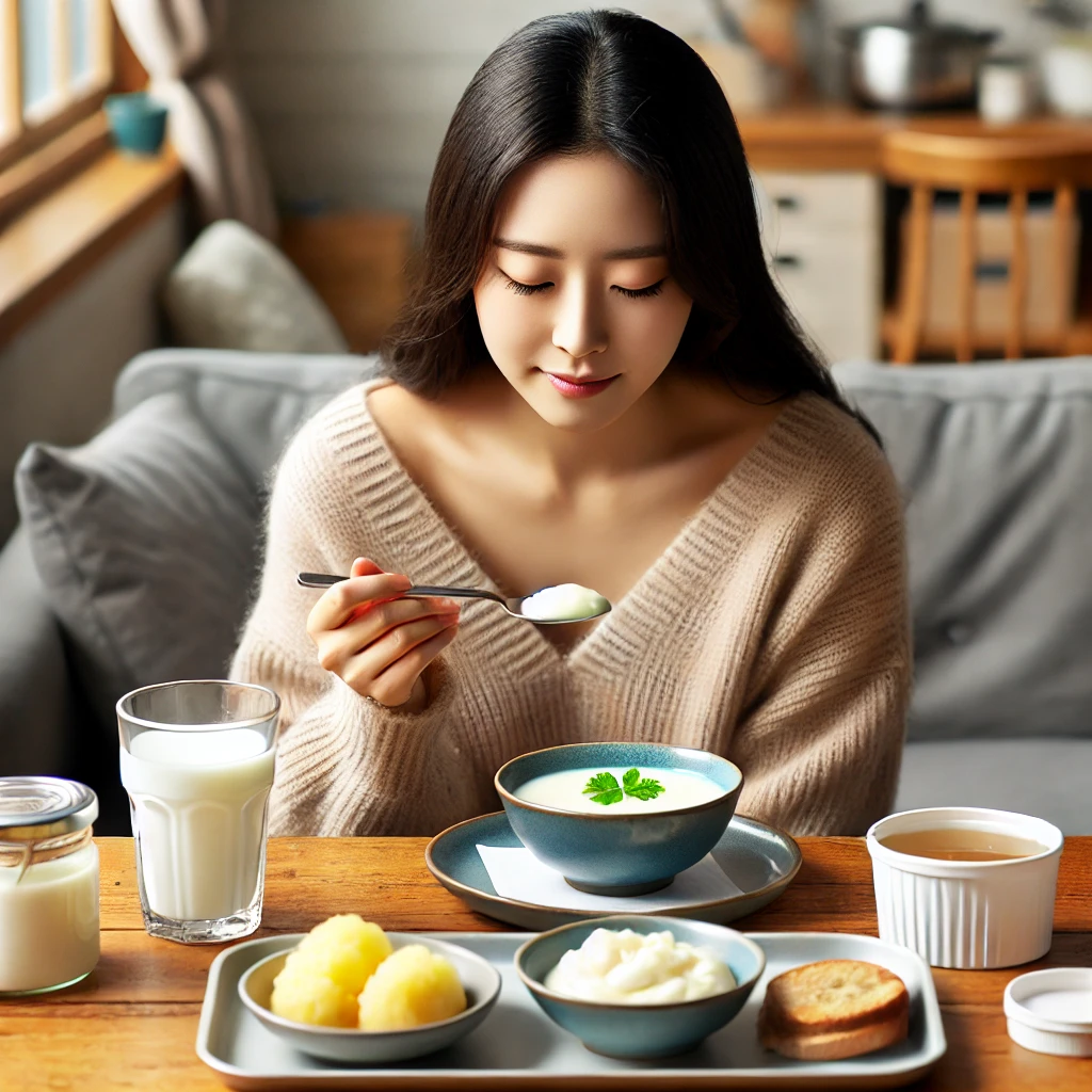 한국 여성이 식탁에서 사랑니 발치 후 먹기 좋은 부드러운 음식을 섭취하는 모습