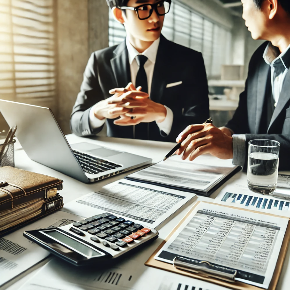 세무전문가와 비즈니스 고객이 세금 신고 및 납부 전략을 논의하는 모습