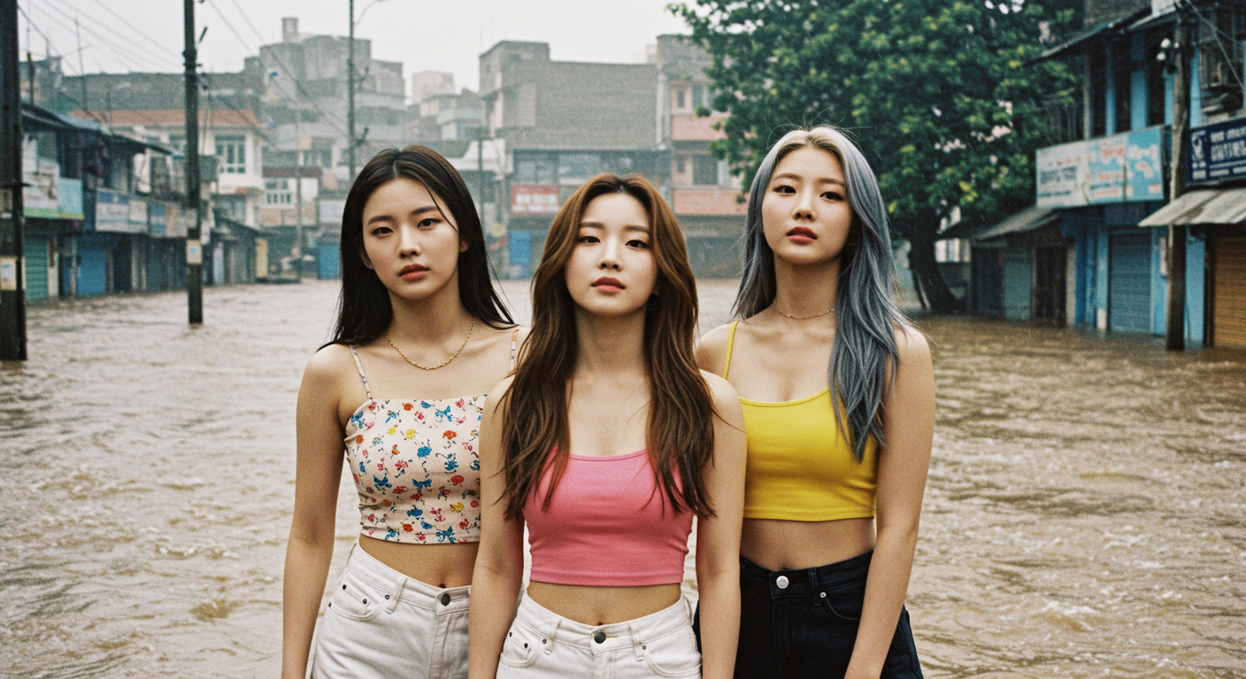 잠긴 도로에 서있는 여자들