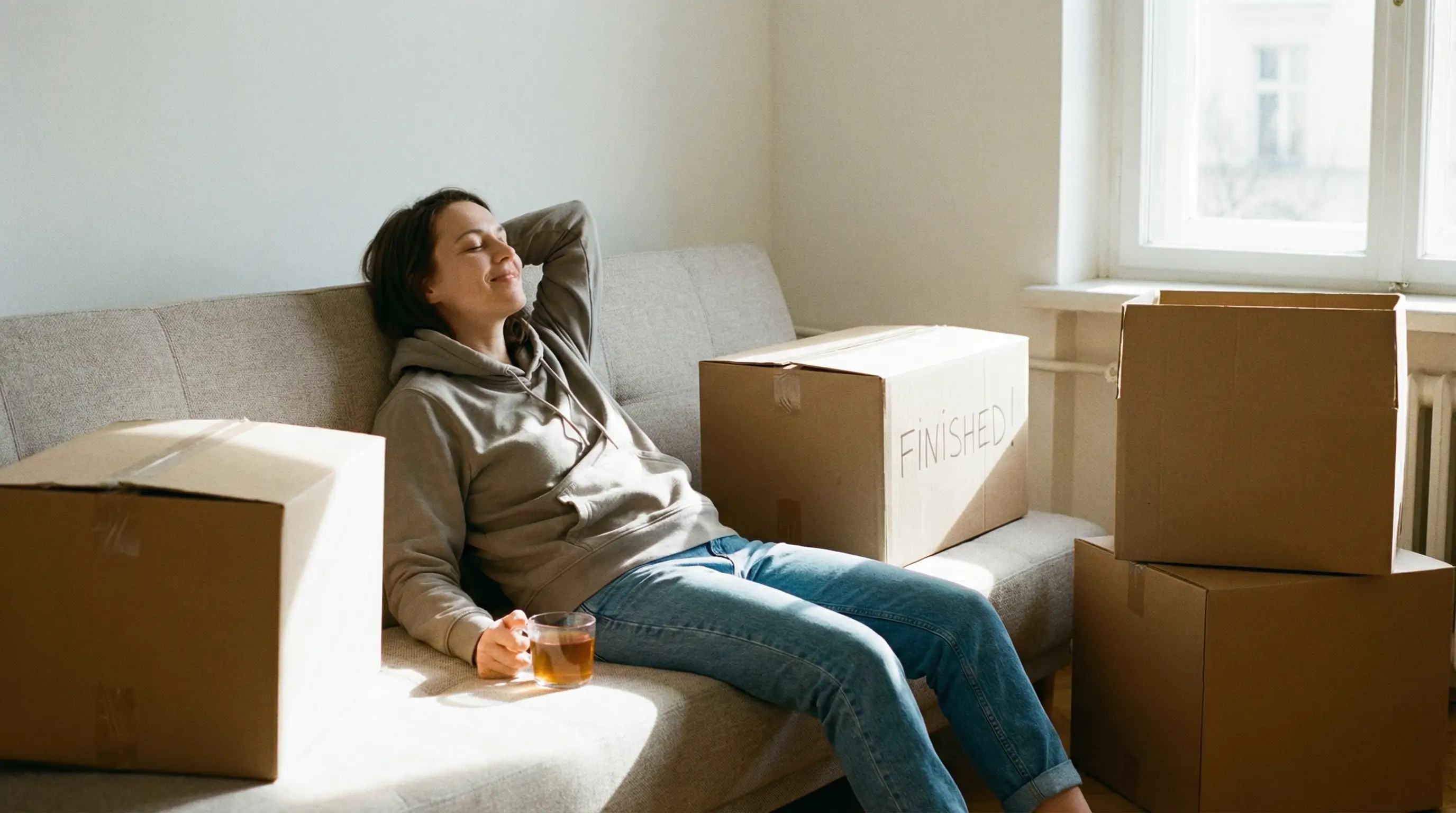 이사 준비를 마치고 안도하는 세입자의 모습