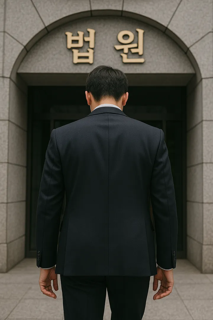 정장을 입은 남성이 법원으로 들어가는 장면