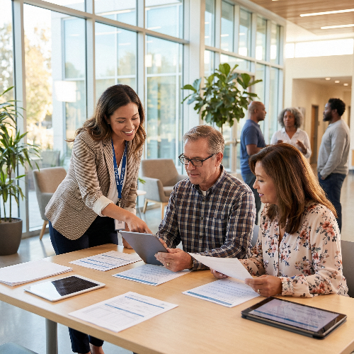 밝고 희망찬 분위기의 커뮤니티 센터에서 전문 상담원이 중년 부부에게 태블릿을 보여주며 복지 혜택과 소득 기준에 대해 친절하게 설명하는 모습. 신뢰감과 따뜻함이 느껴지는 시네마틱 8k 사진