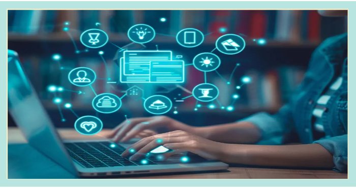 &ldquo;노트북을 사용하는 사람의 손과 디지털 아이콘&amp;#44; 다양한 디지털 기술과 데이터가 시각적으로 표현된 모습&rdquo;