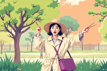 하이파이브 영화 캐릭터 선녀가 야외 공원에서 유쾌한 표정을 짓고 빨대를 들고 있는 모습