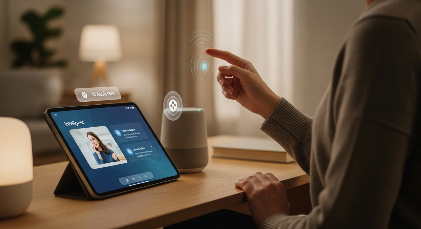 일상생활 속에서 AI 비서와 자연스럽게 상호작용하며 정보를 얻고 생산성을 높이는 현대인의 모습