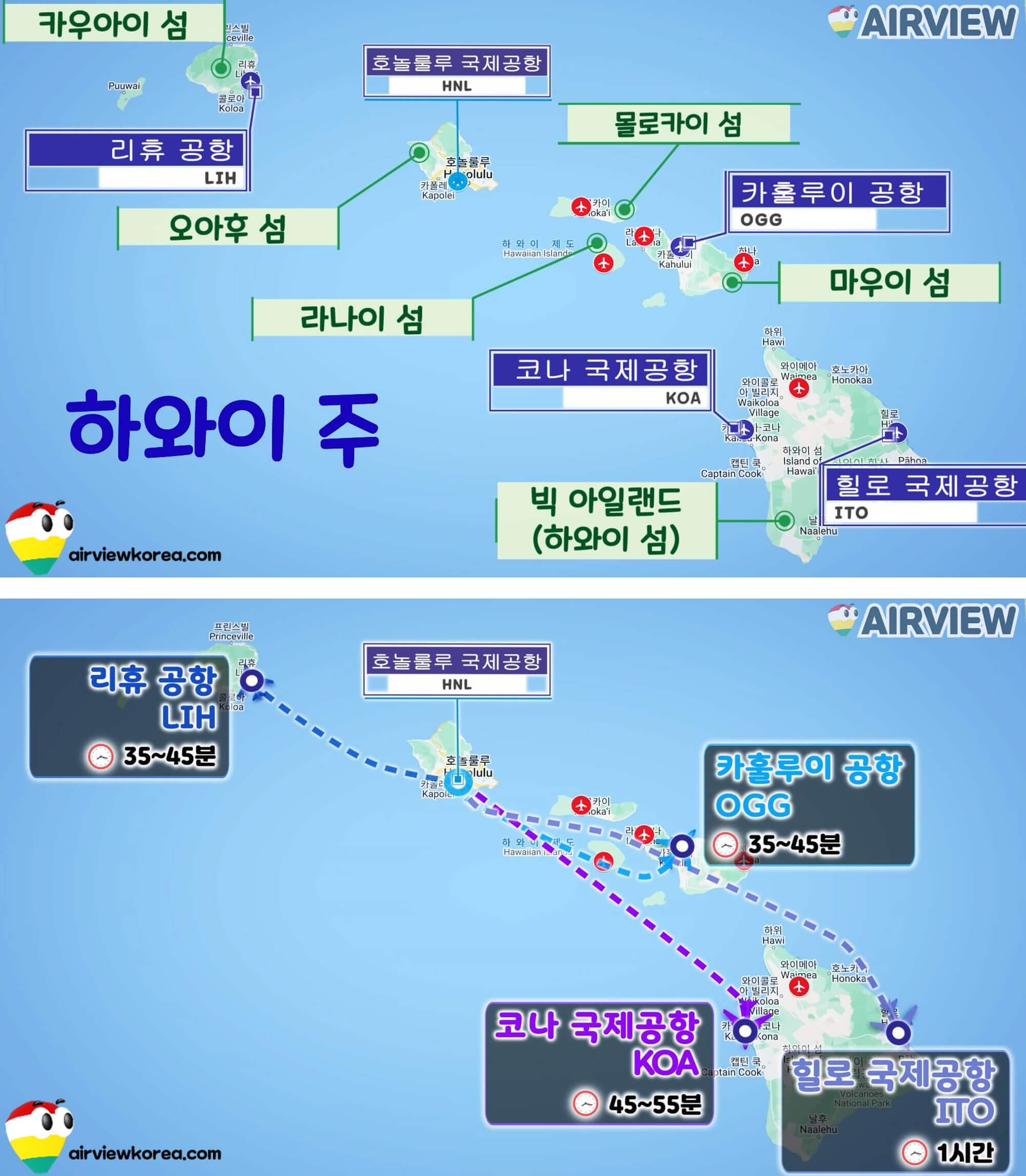 호놀룰루 국제공항에서 하와이 주내 다른 섬으로 비행 이동시간을 보여주는 사진