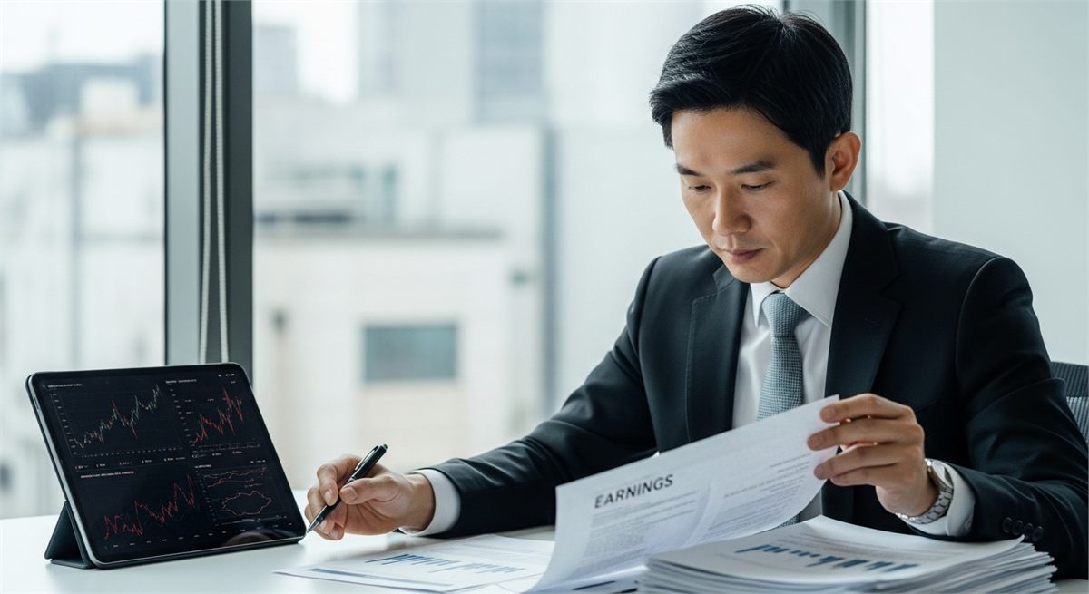 실적 자료와 태블릿 화면을 함께 살펴보는 한국인 애널리스트 모습 