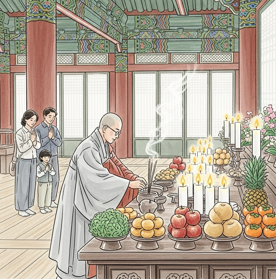 사찰에서 49재 의식을 준비하는 스님