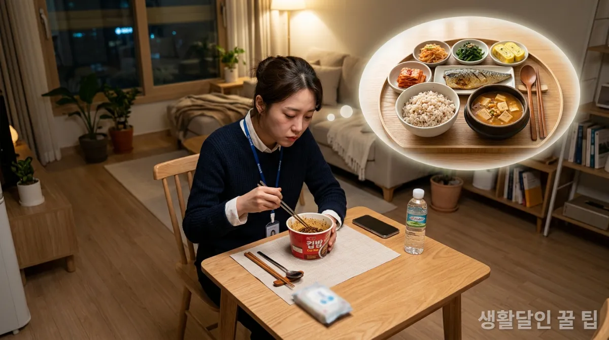 피곤한 직장인이 간편식을 먹으며 집밥을 갈망하는 모습