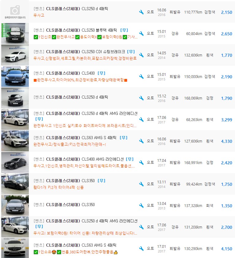 벤츠 CLS클래스 W218 등급 중고차 가격 : 1&#44;030만원 ~ 4&#44;450만원