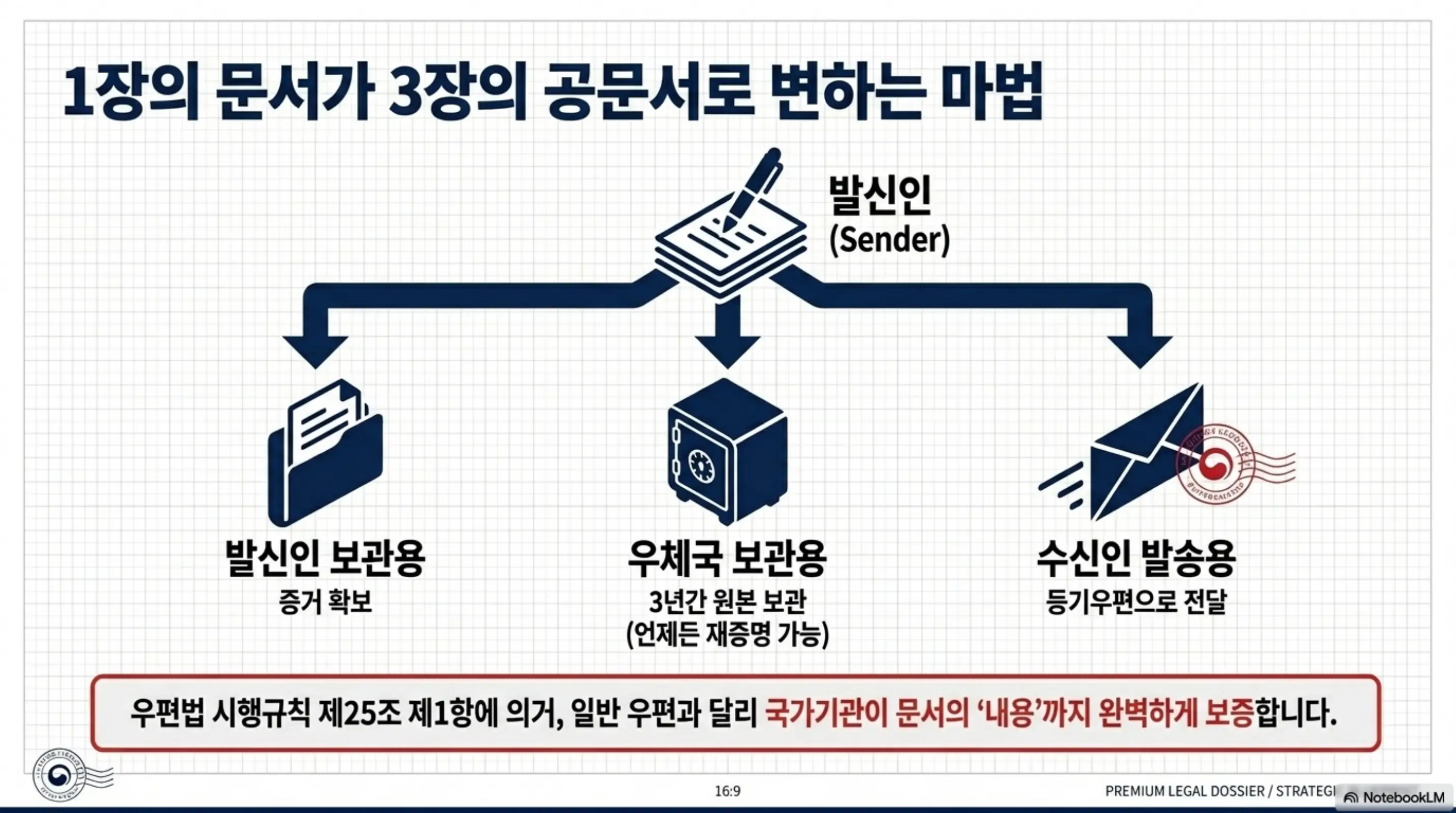 내용증명 3통 구조를 설명하는 웹배너 이미지. 이 이미지는 발신인 보관용&middot;우체국 보관용&middot;수신인 발송용으로 나뉘는 내용증명의 발송 절차와 우편법 시행규칙 제25조 근거를 시각적으로 전달하며&amp;#44; 블로그의 내용증명 작성법과 관련된 내용을 설명함