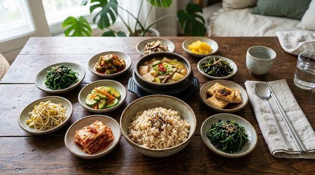 채소 반찬과 현미밥이 놓인 담백한 집밥 식탁