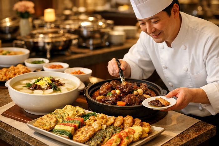 호텔 셰프가 조리한 명절 음식을 뷔페로 즐기는 가족들의 모습.