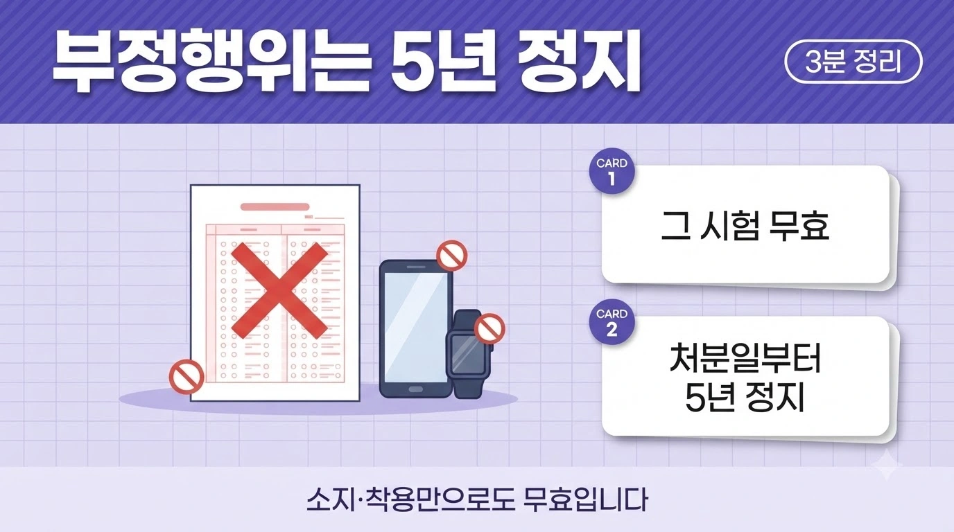 산업안전지도사 시험 부정행위 시 그 시험 무효와 처분일부터 5년간 응시자격 정지를 정리한 이미지