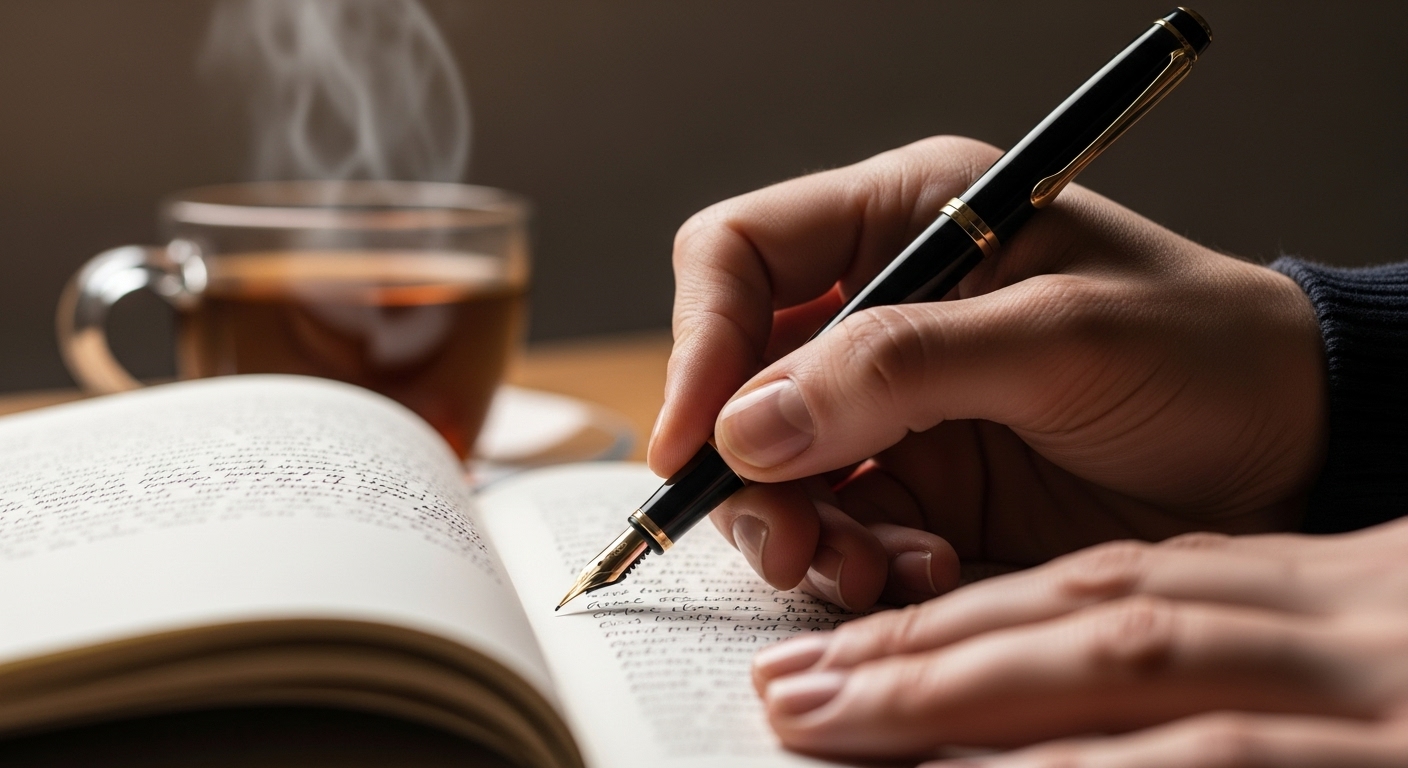 만년필로 노트에 처칠의 명언을 적고 있는 손.